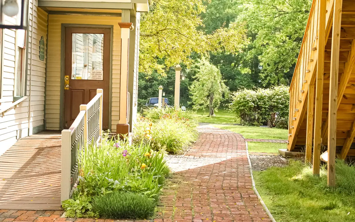 The brick garden path leading to the entrance of South Royalton Health Center